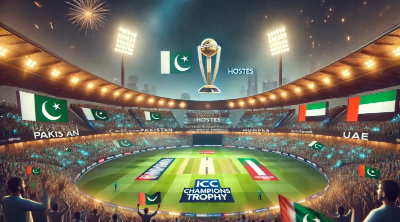 A stadium prepared for the 2025 ICC Champions Trophy with banners displaying "Pakistan and UAE Hosts.
